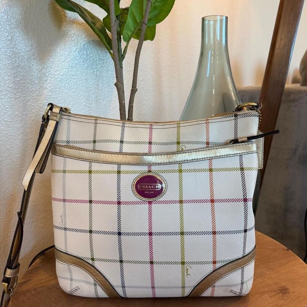 Coach Peyton Tattersall Plaid Crossbody File Bag White Gold